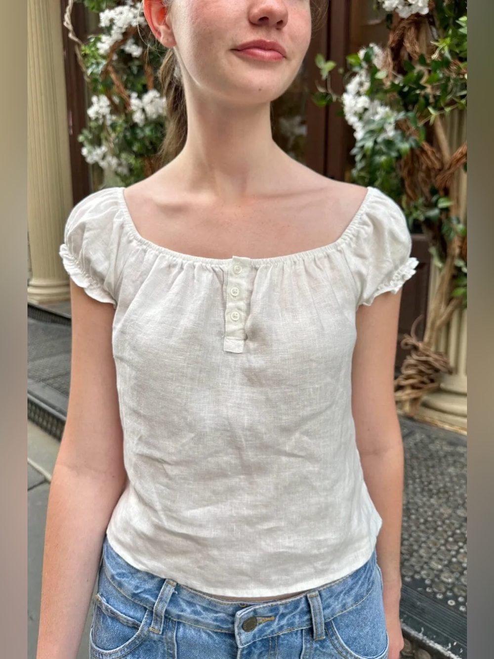 Brandy Melville 100% Linen Off Shoulder Top